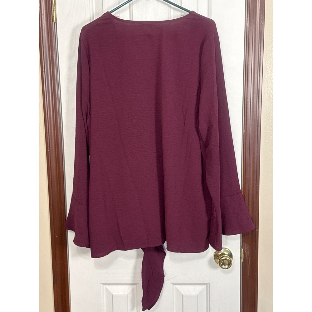 Cotton Bleu Tie-Front Blouse Bell Sleeve V-Neck Top Wine Purple 3X‎ - Picture 3 of 3